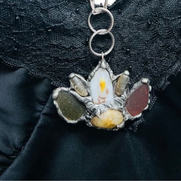 Citrine Sea Glass & China Pendant Silver Blend Metalwork & VNTG 3 Tier Necklace - Picture 1 of 12